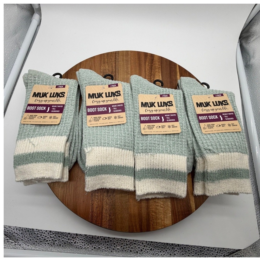 Muk Luks Boot Socks 4 Pack Sage Green Cream Waffle Knit Tall Slouchy Soft 2727